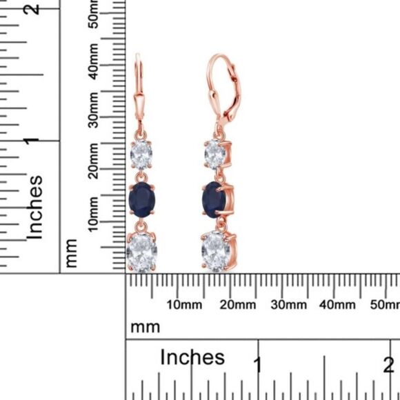 18K Rose Gold with 6.20Cttw 3 Stone White Topaz and Blue Sapphire Drop Earrings - Picture 5 of 5